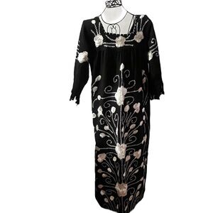 Vtg 50s L'Aiglon Black Bow Waistline Pleated Cap Sleeve Union Vintage Bordado